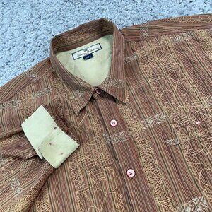 Tommy Bahama Shirt Men's 2XL Brown Long Sleeve 100% Silk Tropical Embroidery EUC